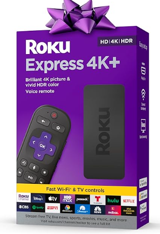 ROKU Express 4K+ | Reproductor Multimedia de transmisión HD/4K/HDR con transmisión inalámbrica Suave y Control Remoto de Voz con Controles de TV, Incluye Cable HDMI Premium